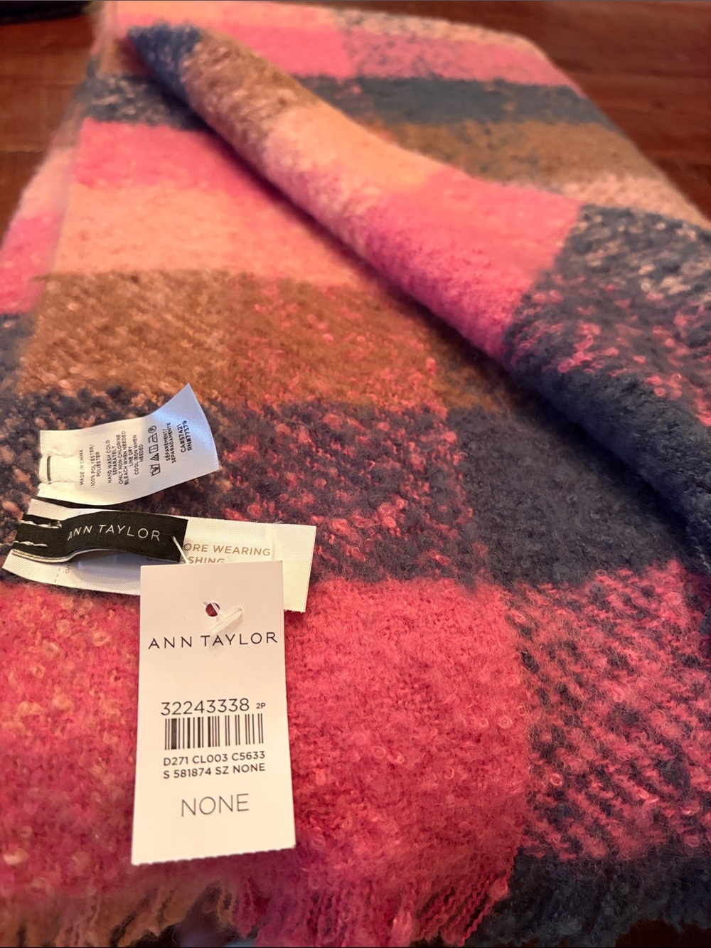 Ann Taylor Pink and Charcoal Plaid Fringe Scarf/wrap